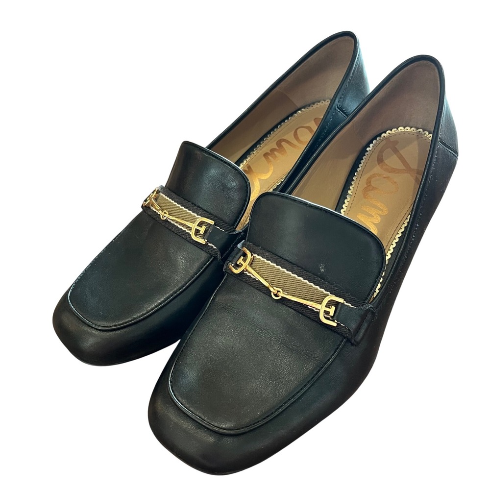 Sam Edelman Block Heel Loafers Womens Black Leather Horsebit Square Toe 10
